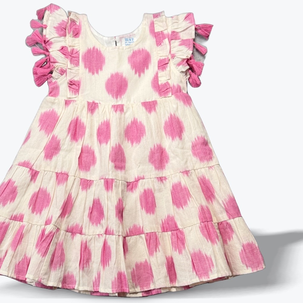 Mer‎ St Barth Girls Dress Pink Ikat Tiered Tassel Ruffle Sleeve Size 2